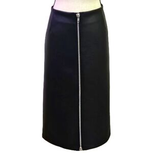 H&M Black Faux Leather Front Zip Midi Pencil Skirt, Size 14, NWT